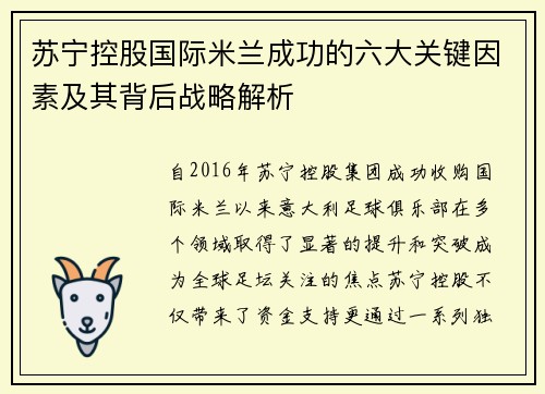 苏宁控股国际米兰成功的六大关键因素及其背后战略解析